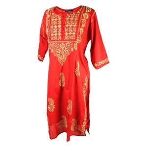Red Women's Blouse Indian Kurti Tunic Top with Tan